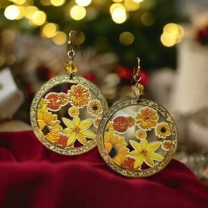 Boho Gold Floral Laser Cut Drop Earrings Topped With Amber Crystal Cubes